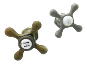 Victorian Metal and Porcelain Hot and Cold Faucet Handles - a Pair