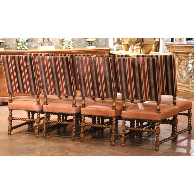 Set of 10 Louis XIII Style Walnut and Leather Dining Room Chairs For Sale - Image 12 of 13
