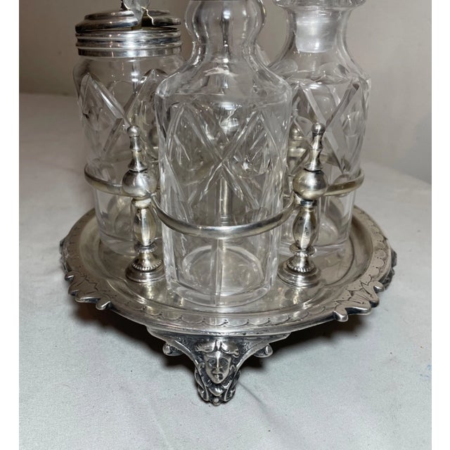 Silver Antique 1800's Ornate Cut Crystal Silver Plate Figural Cruet Condiment Set Caddy For Sale - Image 8 of 16
