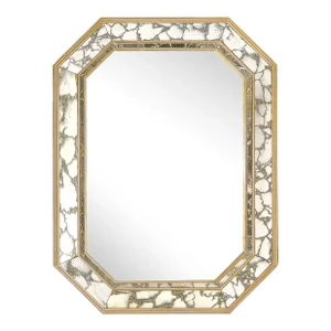 Mid-Century Elongated Octagonal Smoked Antiqued Gold Vein Mirror W/ Gilt-Wood
