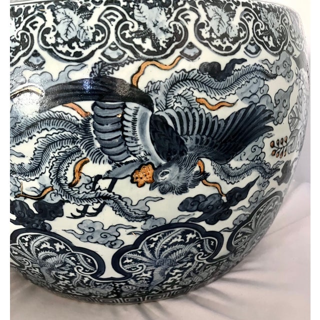 Large 20" Vintage Japanese Blue & White Porcelain Phoenix Jardinière - Signed For Sale - Image 15 of 18