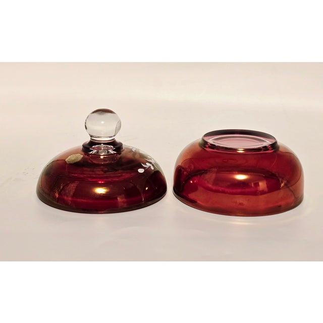 Westmoreland Handmade Ruby Glass Lidded Bowl With Floral Motif, Signed C. Peitier, 1978 For Sale In Pittsburgh - Image 6 of 12
