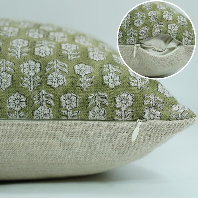 Modern Fabdivine Handmade Block Print Floral Design Olive GreenTulsi Buti Printed Thick Linen Pillow Cover 20x20 Inches For Sale - Image 3 of 4