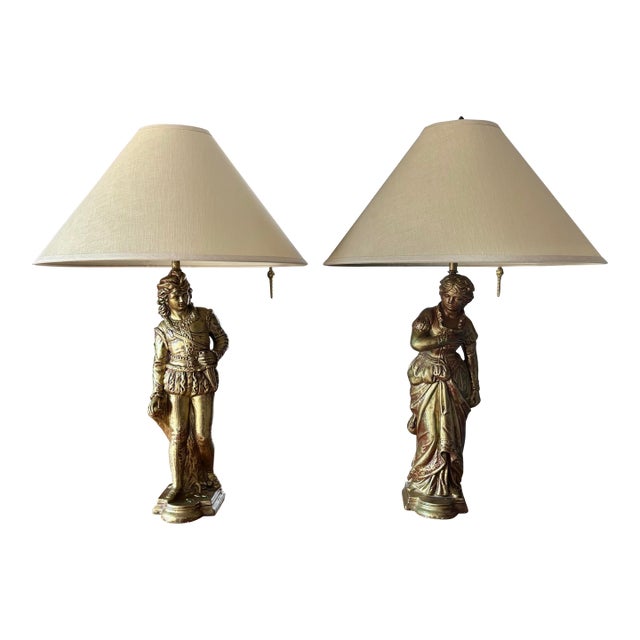 Late 20th Century Figural Gilt Ceramic Lamps With New Shades, a Pair For Sale