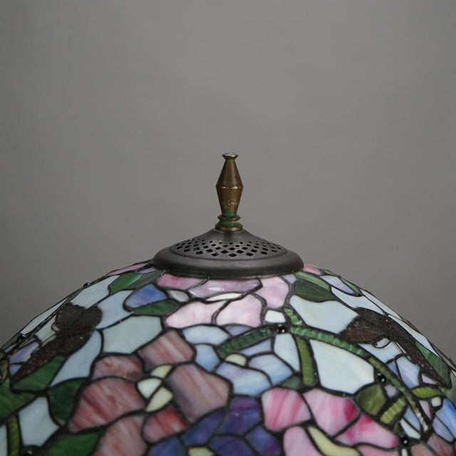 Arts & Crafts Vintage Tiffany Style Stained Glass Table Lamp with Flower & Butterfly Pattern For Sale - Image 3 of 12