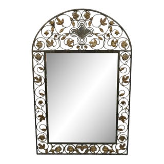 Late 20th Century LaBarge Italian Mediterranean Wrought Iron Flower Leaf Scroll Arched Wall Mirror For Sale
