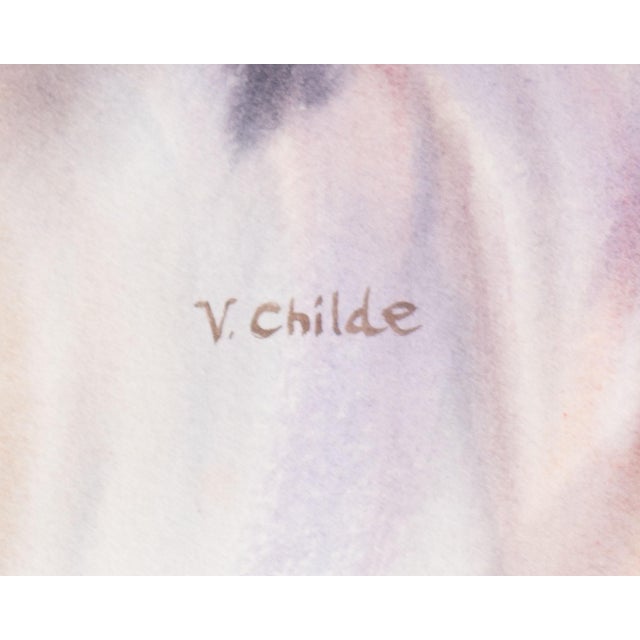 A watercolor painting signed "V. Childe". This work depicts a reclining nude figure against a blue, purple, pink, and...