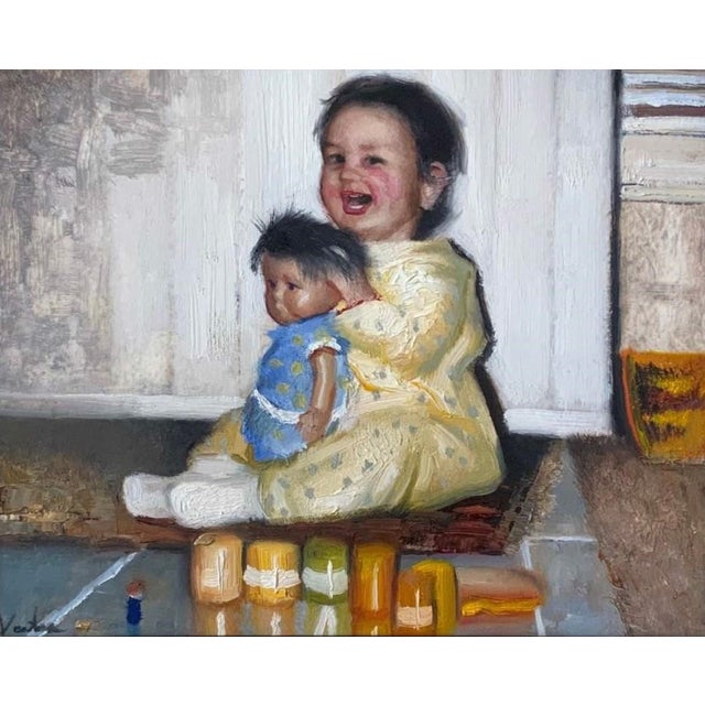 This oil painting on paper captures a joyful moment of a baby, seated on the floor, holding a doll while surrounded by...
