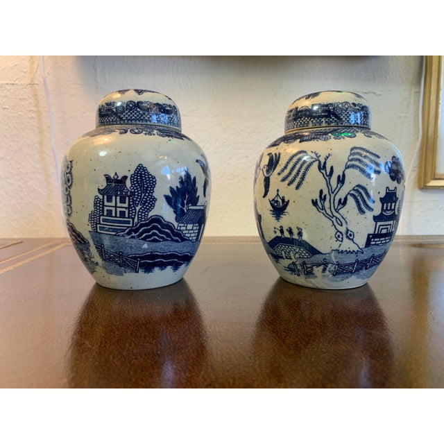 1940s Vintage 1940s Japanese Willow Porcelain Ginger Jar – Cobalt Blue, Handmade For Sale - Image 5 of 7