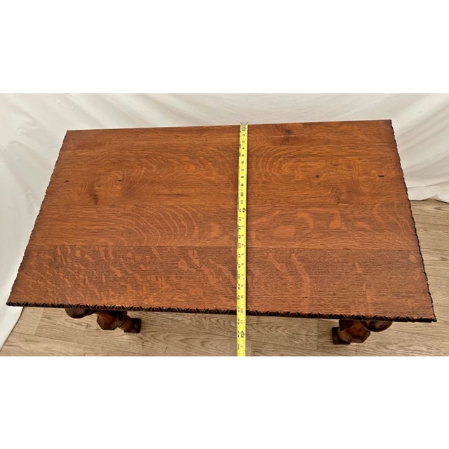 Early 20th Century Victorian Style Desk Two Drawers Quarter Sawed Tiger Oak Petite Size Hand Carved Top For Sale - Image 9 of 11