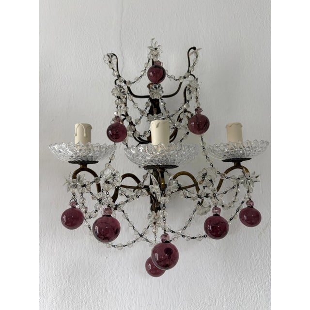 French Amethyst Murano Drops Crystal Prisms Spear Stars Sconces, Circa 1920 For Sale - Image 4 of 14