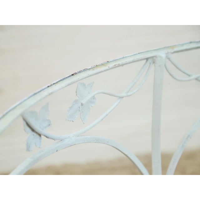 Vintage Wrought Iron Patio Dining Table With Leaf Motif Aqua Cushions and Glass Top For Sale - Image 4 of 7
