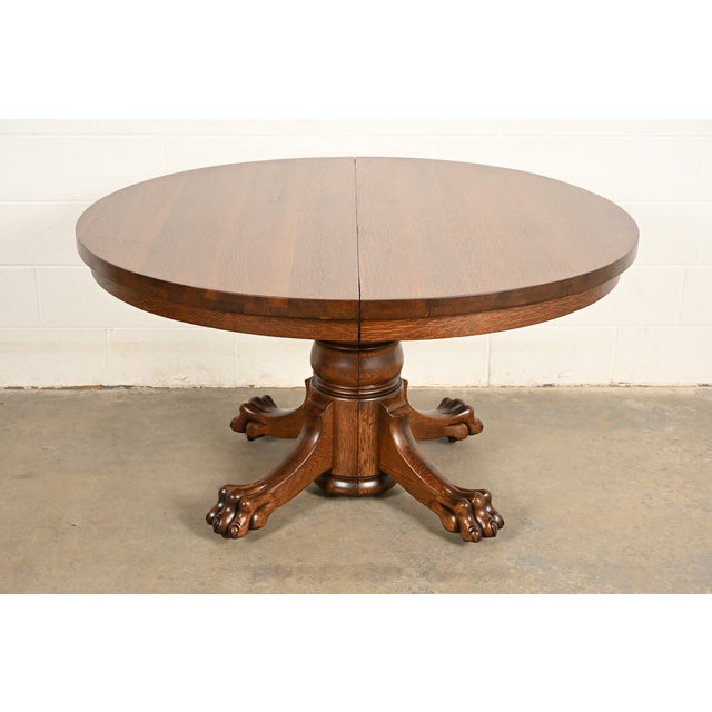 R. J. Horner Style Antique Victorian Carved Oak Split Pedestal Extension Dining Table With Lion Paw Feet | Newly Refinished For Sale - Image 14 of 14