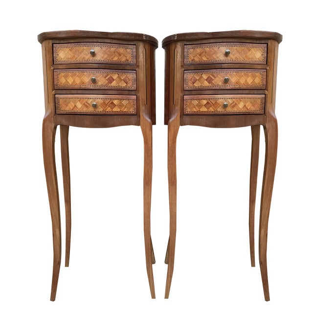 Louis XV Inlaid Walnut 3-Drawer Side Tables or Nightstands with Marquetry, Set of 2 For Sale