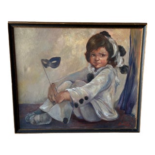 1970s Framed Painting of a Child Holding a Mask For Sale