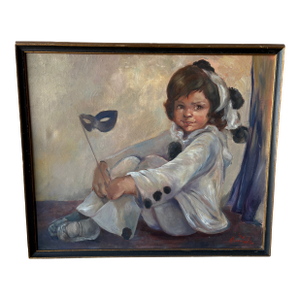 1970s Framed Painting of a Child Holding a Mask