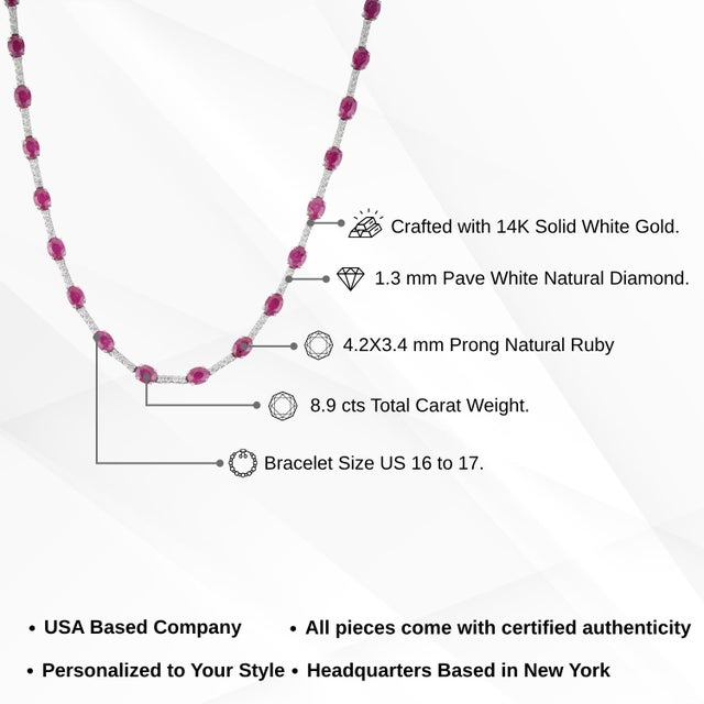 Natural 8.90ct Ruby & 1.24ct Diamond Riviera Tennis Necklace in 14k White Gold For Sale - Image 14 of 18