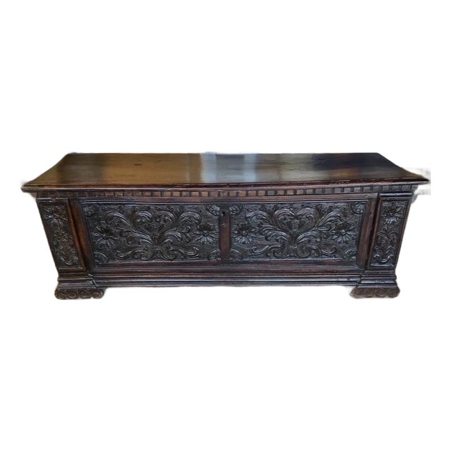 Early 19th-Century Italian Carved Walnut Cassone Wedding Chest For Sale