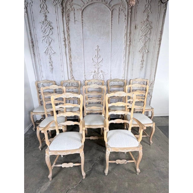 French Provincial Set of 10 19th Century French Provincial Bleached Oak Ladderback Dining Chairs For Sale - Image 3 of 18