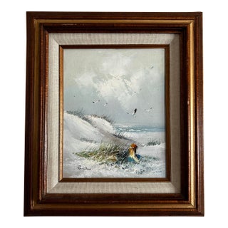 Vintage 1970’s Seascape Painting With Girl and Seagulls in Wood Frame For Sale
