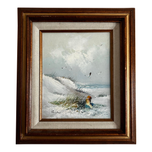 Vintage 1970’s Seascape Painting With Girl and Seagulls in Wood Frame