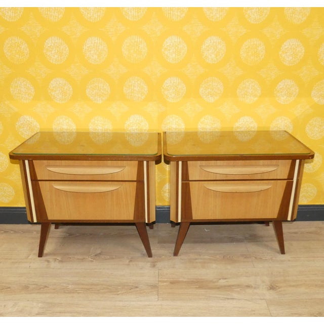 Wood Bedside Tables with Glass Top, 1960s, Set of 2 For Sale - Image 7 of 10