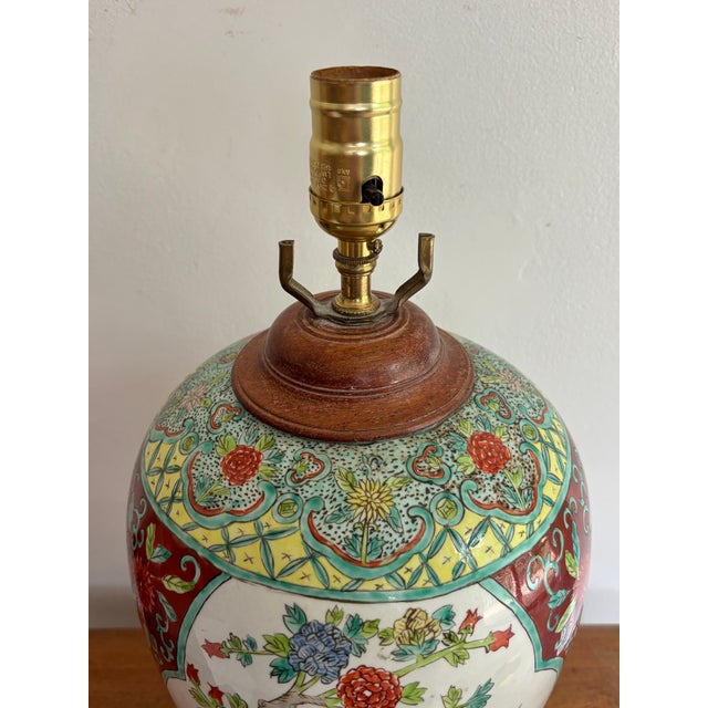 Teal Vintage Asian Handpainted Lamp For Sale - Image 8 of 8
