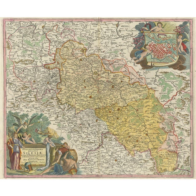 Antique Map of Silesia, Southwest Poland and City View of Wroclaw, 1720s For Sale