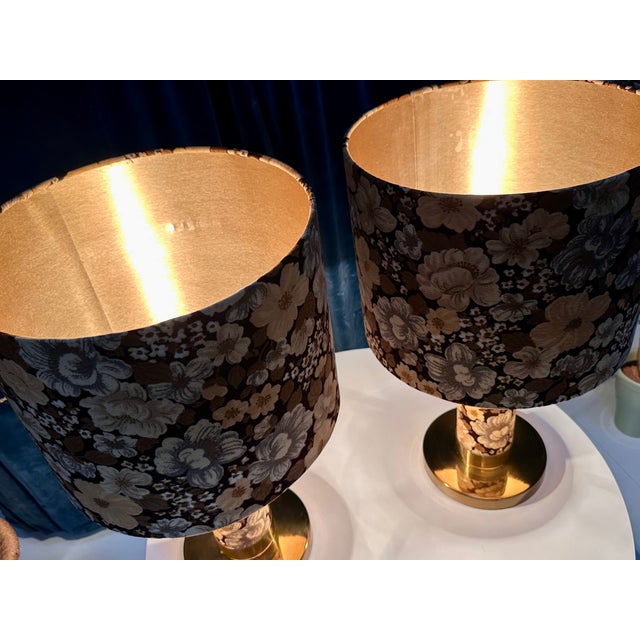 Large Brutalist Table Lamps in Velvet and Brass with Opulent Floral Decor, 1970s, Set of 2 For Sale - Image 4 of 18