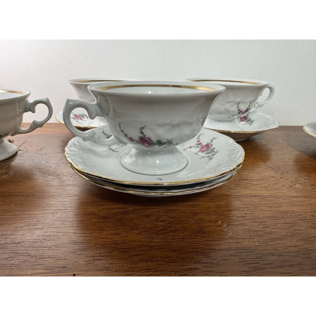 Vintage Wawel Poland Porcelain Tea Cup Saucer Set 5 Floral Gold Trim - 10 Pcs For Sale - Image 13 of 18