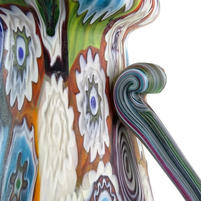 Antique Fratelli Toso Murano Millefiori Flower Mosaic Italian Art Glass Large Double Handles Vase For Sale In Orlando - Image 6 of 9