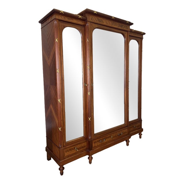Wardrobe Antique French Style Three Door Inlaid Burr Mirrored Armoire Lot 6163 For Sale
