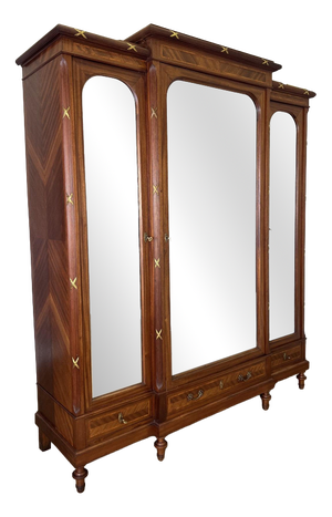 Wardrobe Antique French Style Three Door Inlaid Burr Mirrored Armoire Lot 6163