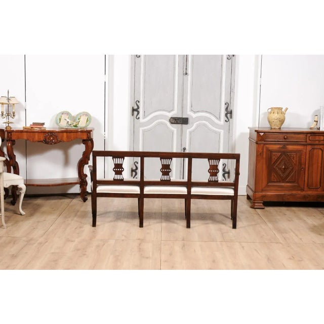 Italian 19th Century Walnut Three-Seater Bench with Carved Splats and Upholstery For Sale - Image 9 of 11