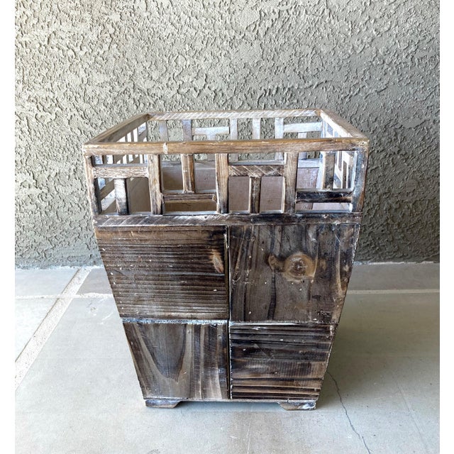Late 20th Century Adirondack-Style Footed Knotty Wood Parquetry Jardinière or Basket With Jali-Inspired Trimmed Border For Sale - Image 18 of 18
