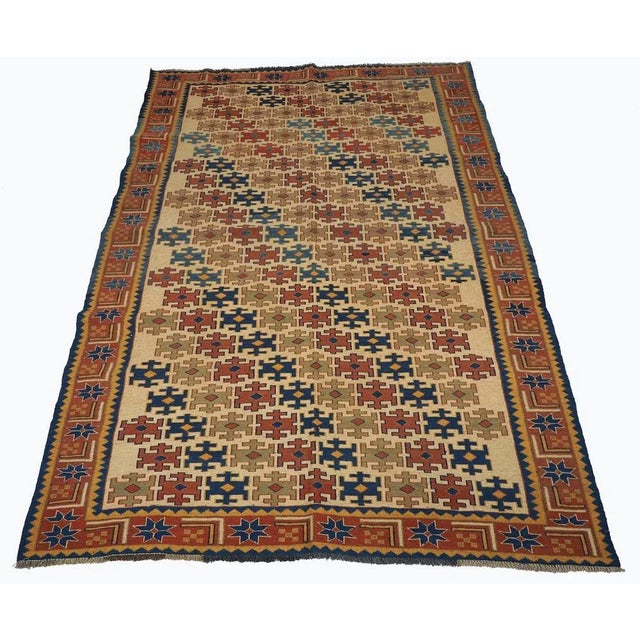 Vintage Tribal Nomadic Caucasian Soumak Sumakh Kilim Rug, 1950s, in Flawless conditions. Designed 1950 to 1959