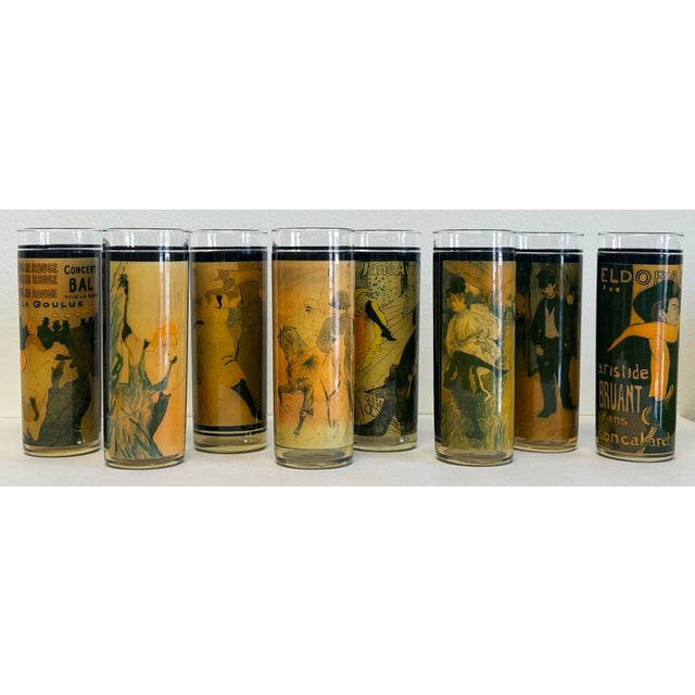 Vintage set of (8) mid-century modern Moulin Rouge Cabaret drinking glasses. Each glass depicts different scene of Moulin...