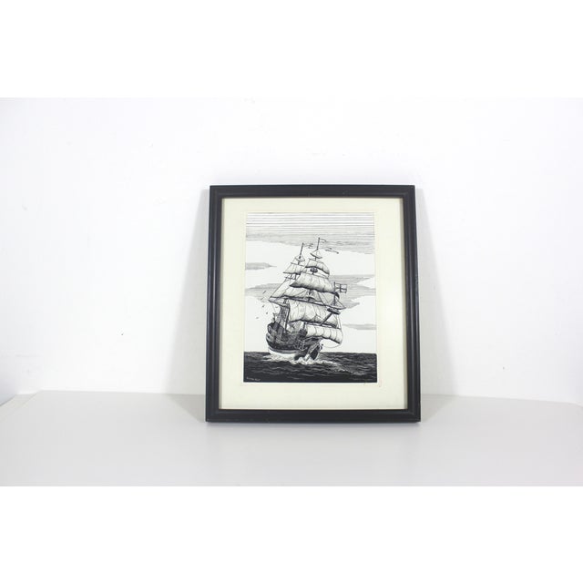 This is a vintage pen and ink drawing of a sailing clipper ship. It is signed by the artist Yvonne Hort in the bottom left...
