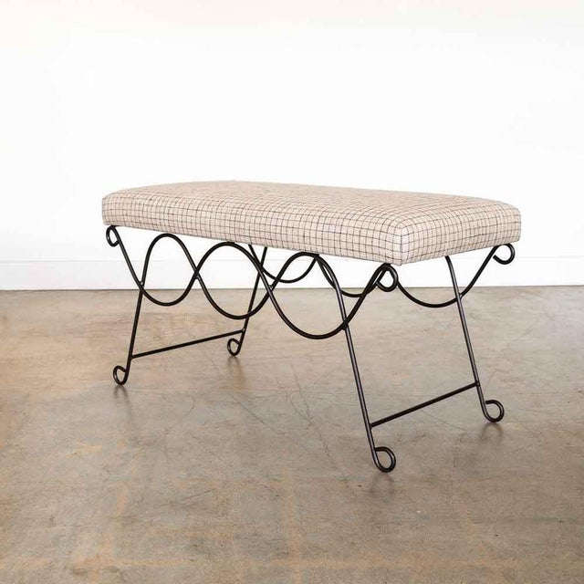 French Panoplie Iron Double Loop Bench, Linen Check For Sale - Image 3 of 7