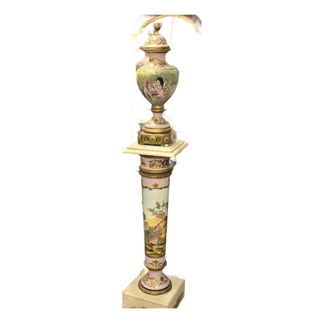 Luxury French Sèvres Porcelain Vase & Pedestal Set With Hand-Painted Cherubs, Bronze Mounts & Marble Base For Sale