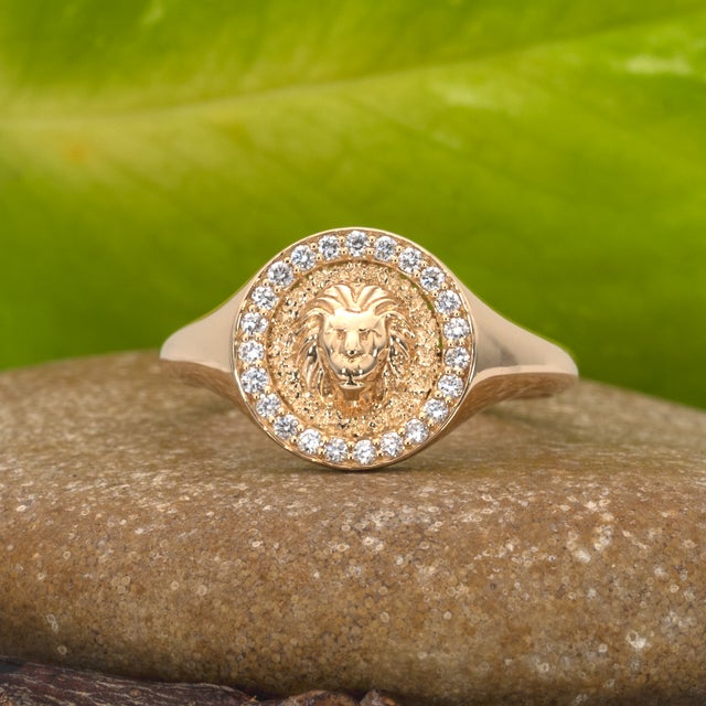 Leo Ring With Natural Diamond Accented Halo in Solid 14k Gold, Fine Jewelry, Size 6.75 For Sale - Image 4 of 8