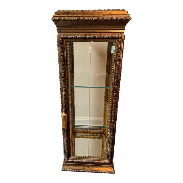 Neiman Marcus Italian Antiquated Gold-Gilt Pedestal Small Curio Cabinet Vitrine Display For Sale