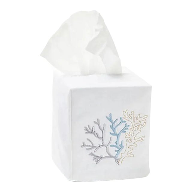 Light Blue Coral Tissue Box Cover in White Linen & Cotton, Embroidered For Sale