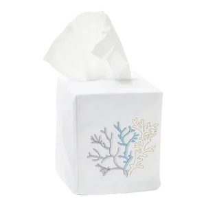 Light Blue Coral Tissue Box Cover in White Linen & Cotton, Embroidered