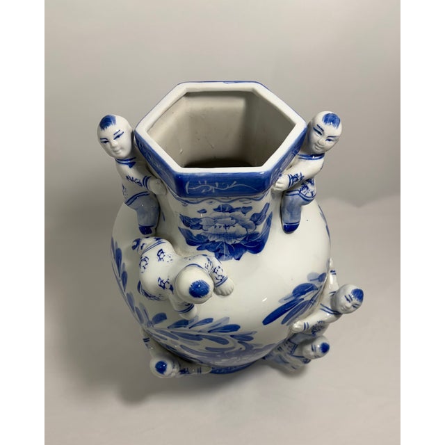 Vintage Chinese Blue & White Fertility Boys Porcelain Vase For Sale - Image 4 of 7