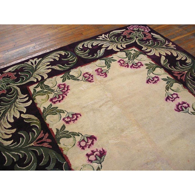 American 1930s Ivory Floral Folk Art Antique American Hooked Rug 7'8" X 9'5" Handknotted Wool Carpet For Sale - Image 3 of 6