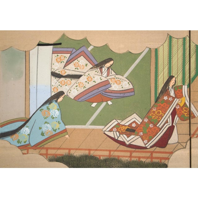 C. 1960s "The Tale of Genji", Showa Era Japanese Painted Silk Byobu Screen For Sale - Image 12 of 18