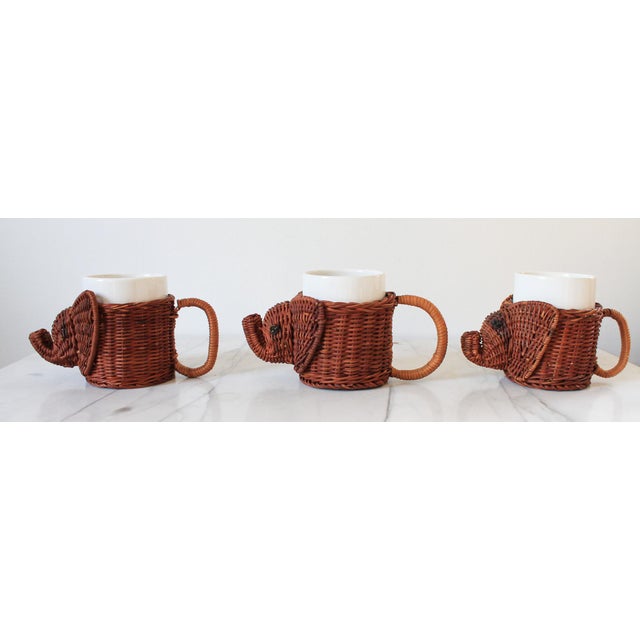 Mid-Century Modern Late 20th Century Vintage Wicker Elephant Cup Holders W/ Ceramic Inserts - Set of 3 For Sale - Image 3 of 12