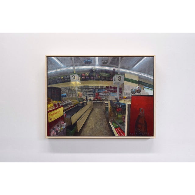This oil on wood panel artwork captures the interior of a dollar store, depicting a cashier amidst aisles filled with...