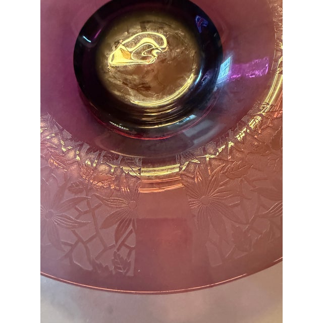 1930s Amethyst Glass Centerpiece Bowl, Large 14.5" Vintage Purple Console Bowl, Acid Etched Floral Art Deco Lattice For Sale - Image 6 of 14